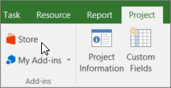 Screenshot of a section of the Project tab on the ribbon with a cursor pointing to the Store. Select Store to go to the Office Store and look for add-ins for Project.