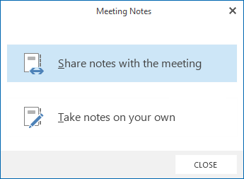 Meeting Notes dialog with shared and private note options
