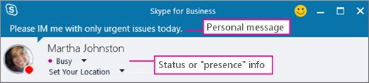 An example of a persons online status with a personal message.