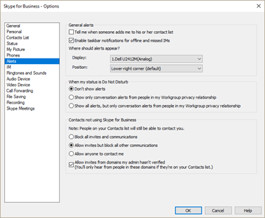Alert options page