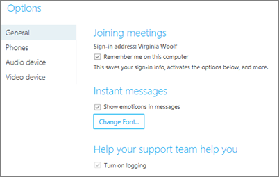 General options when Remember me on this computer is selected