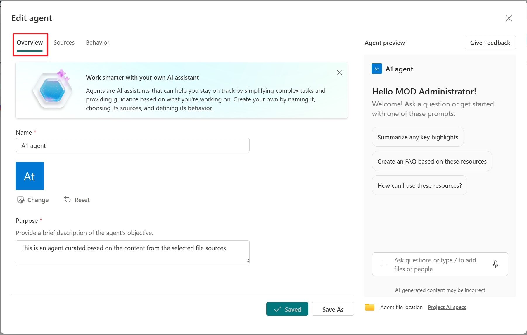 Screenshot of editing an agents identity and overview