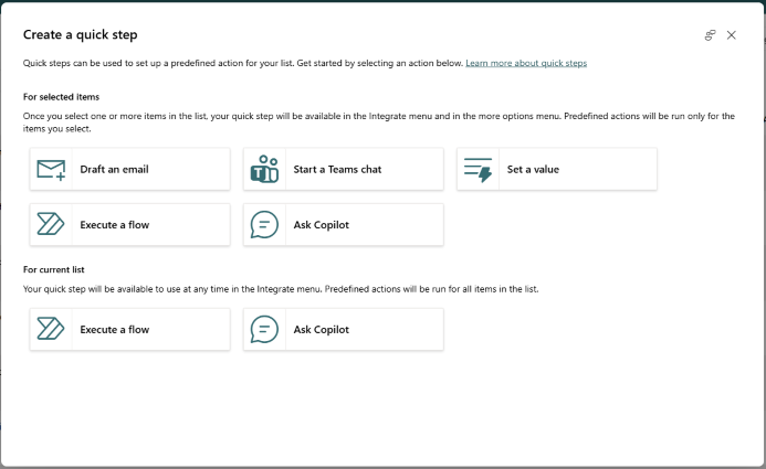 Dialog menu to create a quick step