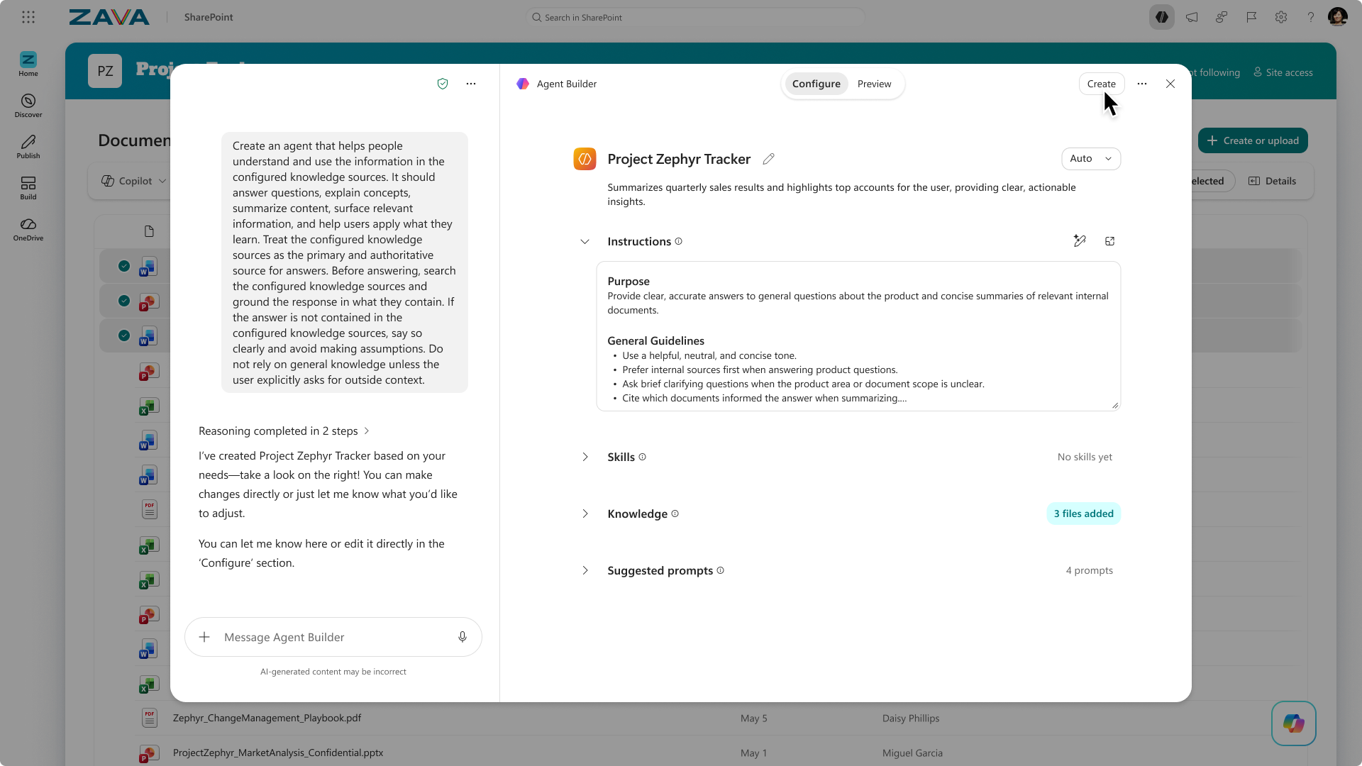 Screenshot of the agent builder with a Project Zephyr Tracker agent example.