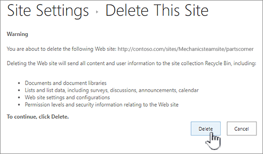 Click delete if youre sure you want to delete the subsite