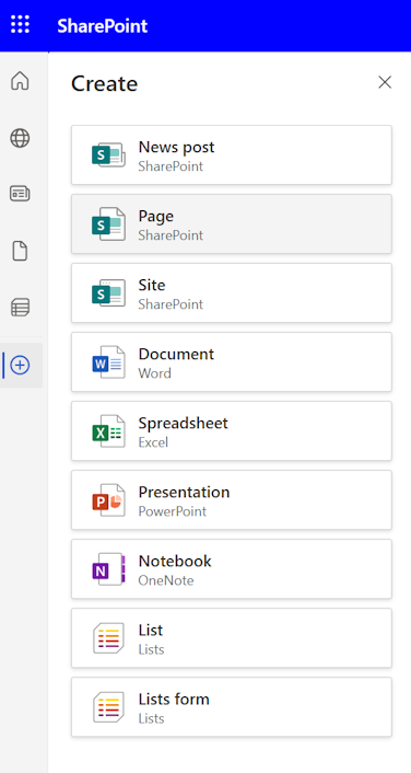 Screenshot of the Create pane in the SharePoint app bar with News post and Page options.