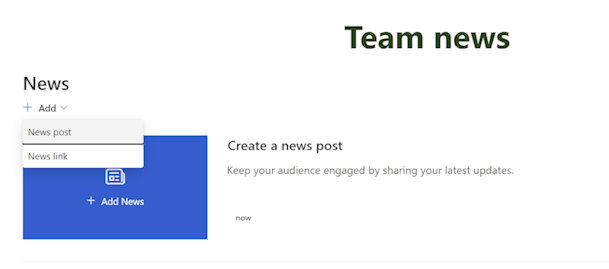 Screenshot of the Add menu in the News web part with News post selected.