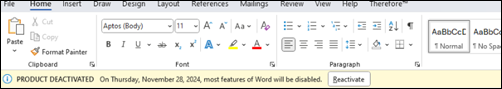 Microsoft 365 deactivation error banner