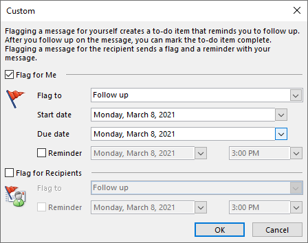 Outlook custom flag set up window