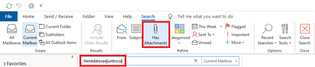 Search criteria From Subject, Has Attachments