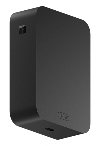 Photo of the Surface 140W USB-C Power Adapter showing the USB-C port with magnetic connect on the bottom edge. 