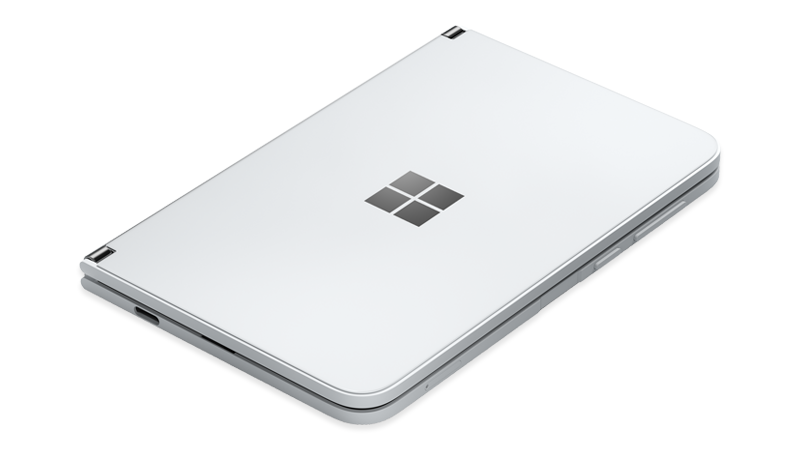Surface Duo closed with Power button on the right