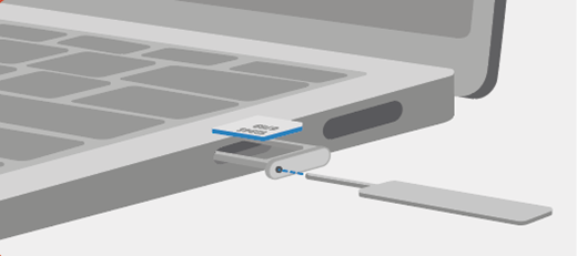 Illustration showing the right side of the Surface Laptop 5G with the SIM tray extended and a SIM card being placed in the tray. The illustration shows how to open the tray by placing the SIM ejector tool in the small hole on the outside of the tray.