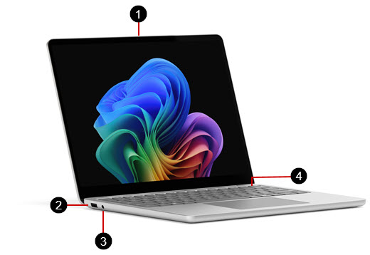 A Surface Laptop 13-inch (1st Edition) with the hardware features labeled.