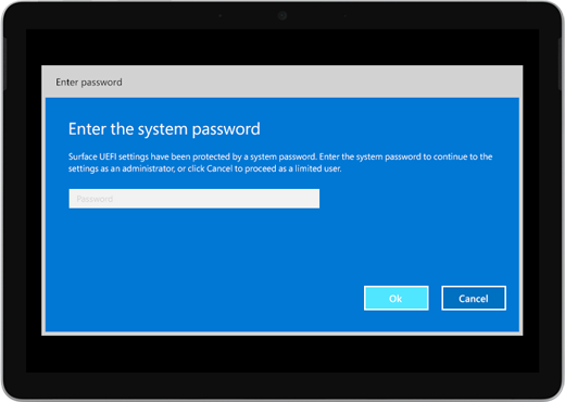Shows a blue screen that says Enter the system password. Theres a box to enter the password, and below that, there are OK and Cancel buttons.