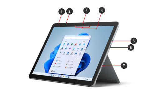 A Surface Go 3 with the hardware features identified.