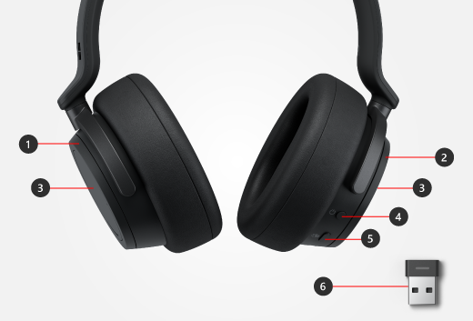 Buttons and dials on Surface Headphones plus Surface USB Link
