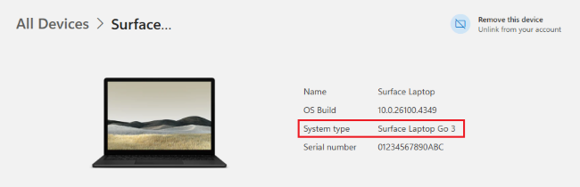 Screenshot of viewing your Surface device model information in your Microsoft account.
