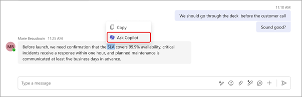 Screenshot showing how to ask Copilot in a Teams chat