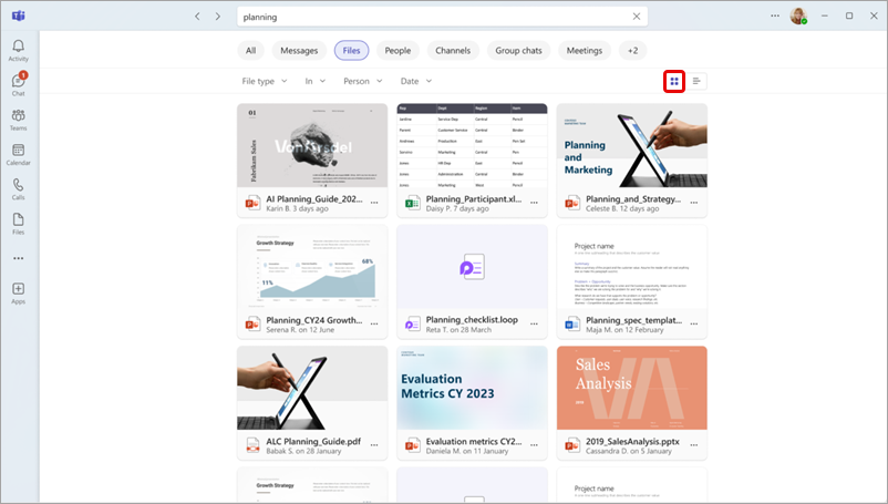 View of the grid layout in Teams file search results.