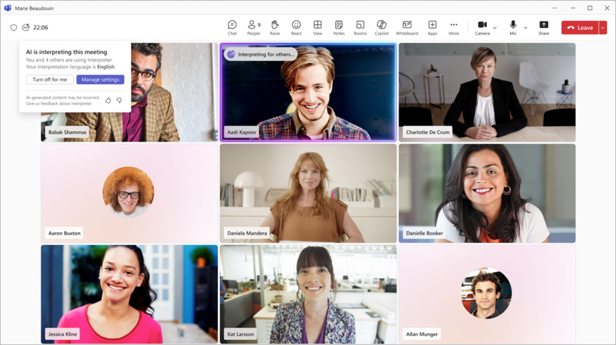 Screenshot showing general Interpreter experience in a Microsoft Teams meeting.