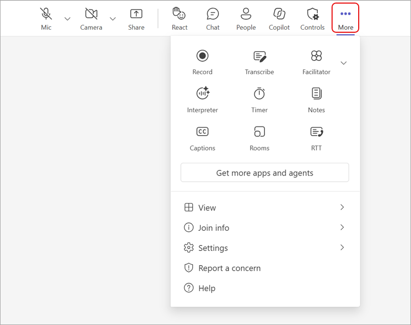 Screenshot showing an expanded **More actions** menu in a Teams meeting
