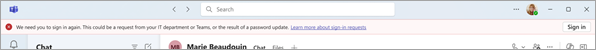 Screenshot showing a sign-in banner that appears when peoples Teams access is challenged.