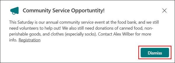 Screenshot of an open announcement with the Dismiss option highlighted.