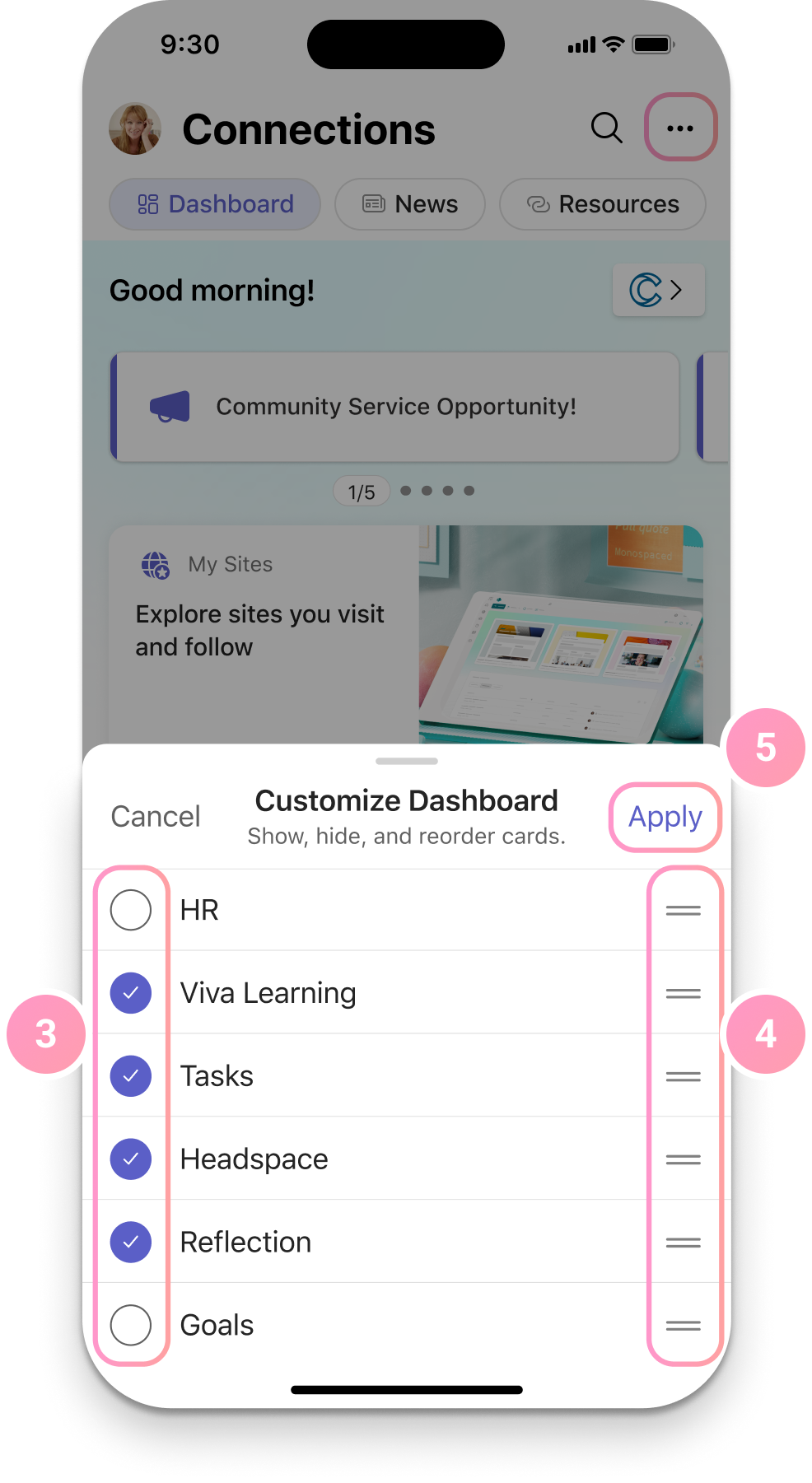 Screenshot showing options for customizing your mobile dashboard.