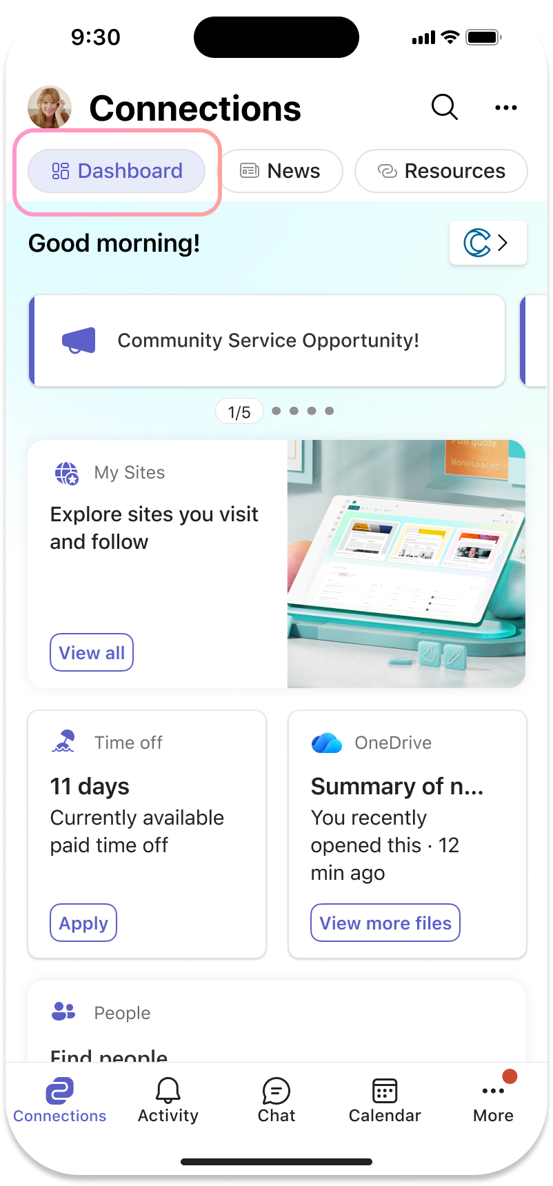 Screenshot of the Connections mobile dashboard with an announcement visible.