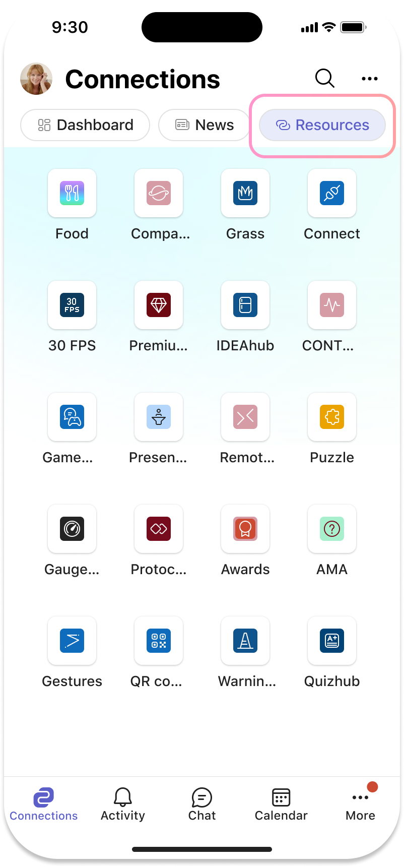 Screenshot of the resources tab on mobile.