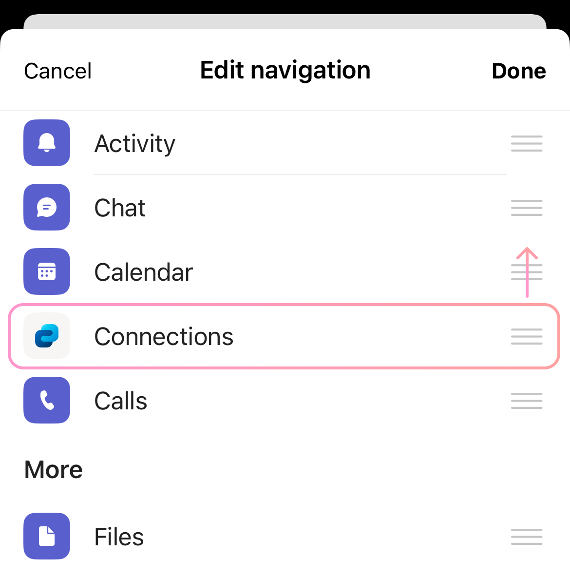 Screenshot showing the Viva Connections icon being reorganized on mobile or tablet.