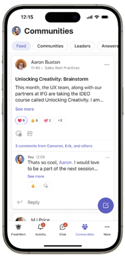Screenshot of the Viva Engage mobile app home feed.