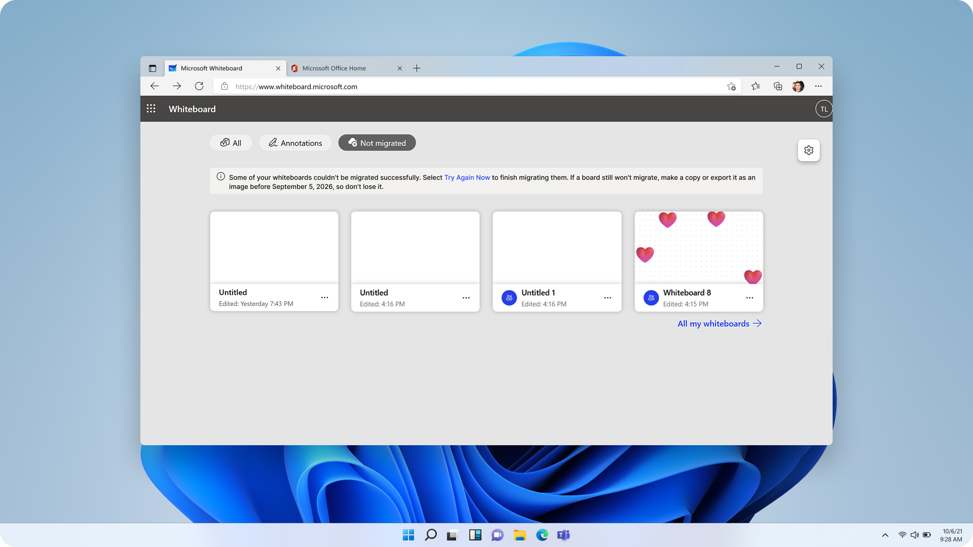 Screenshot of the board picker listing whiteboards that couldn't be migrated, with an option to retry the migration.