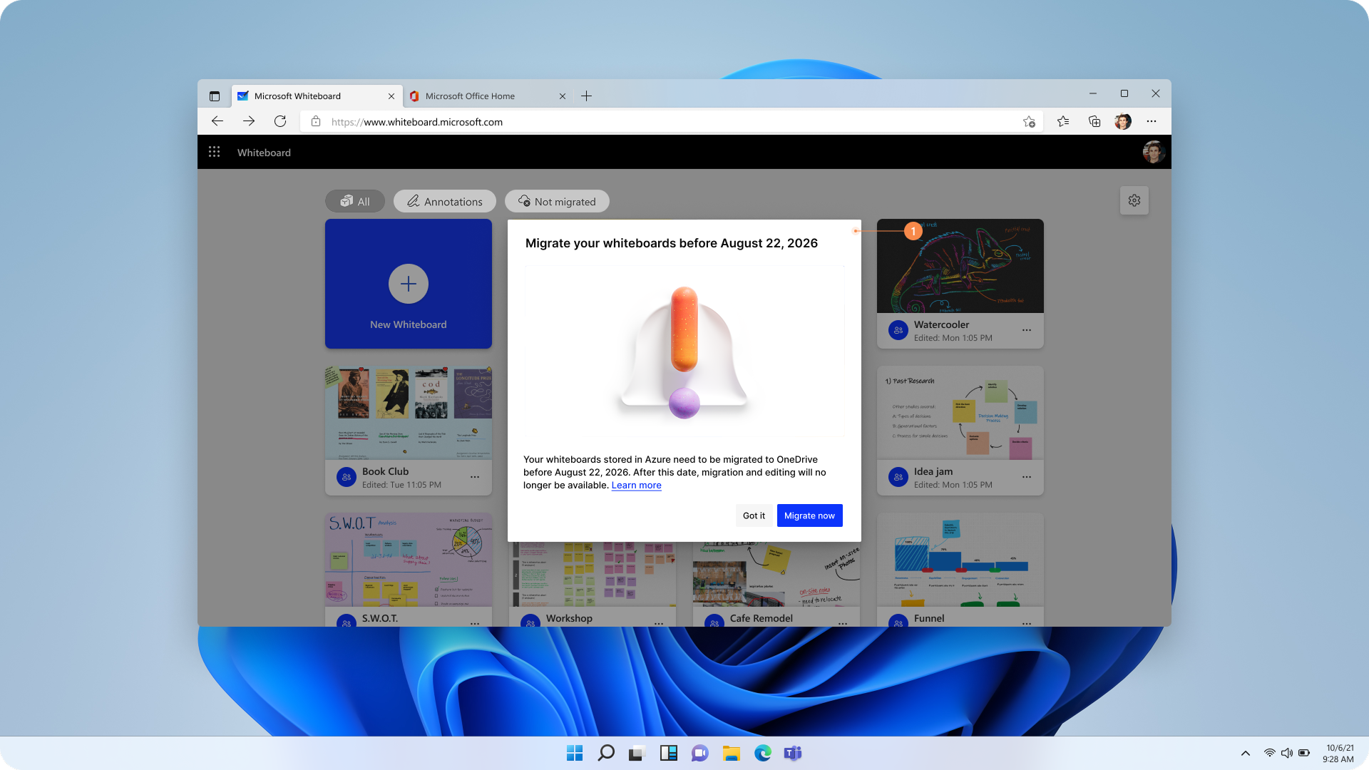 Screenshot of the My Whiteboards gallery with a banner that reads Migrate your whiteboards before August 22, 2026.