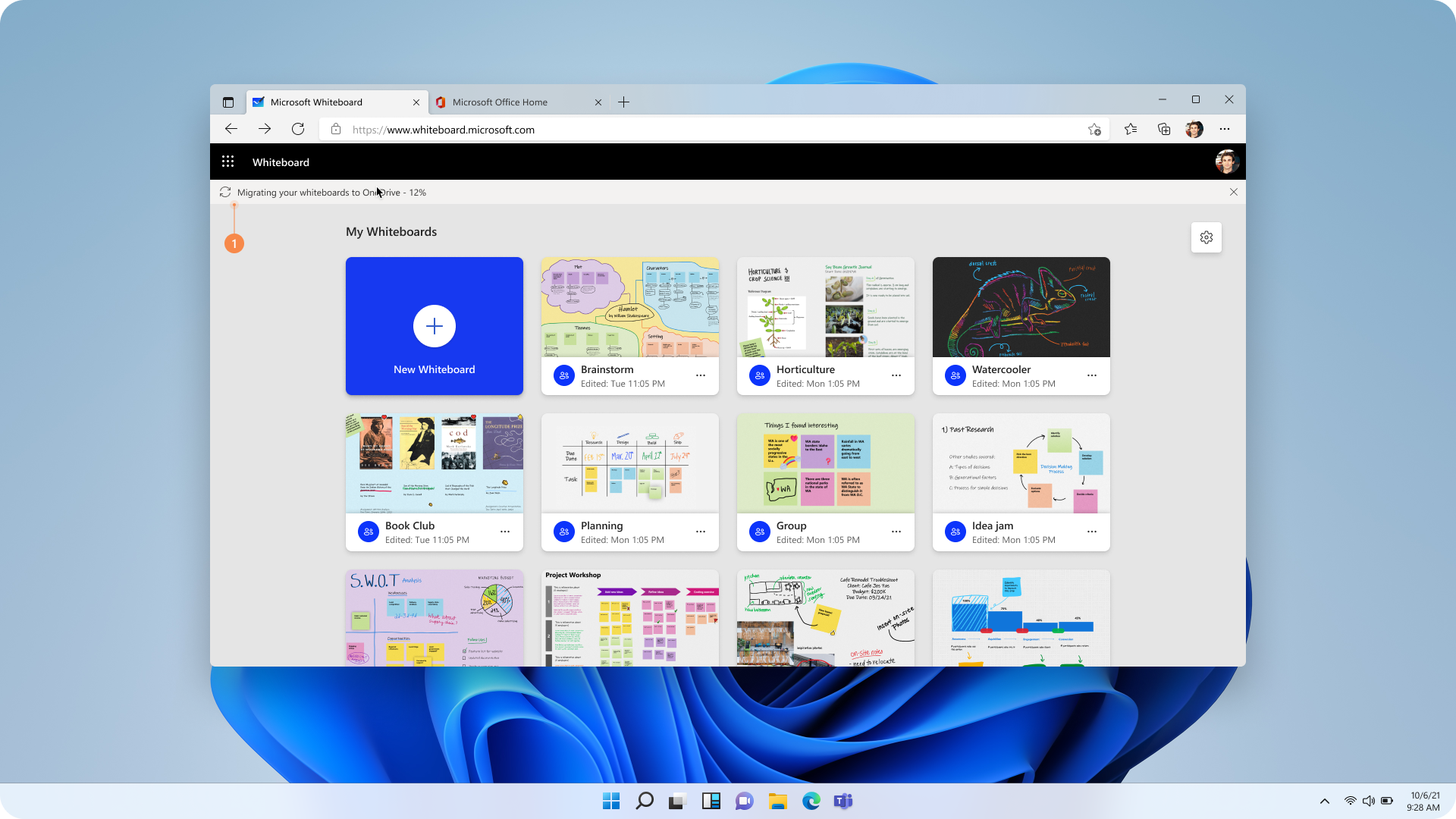 Screenshot of the My Whiteboards gallery with a migration progress message at the top of the board picker.