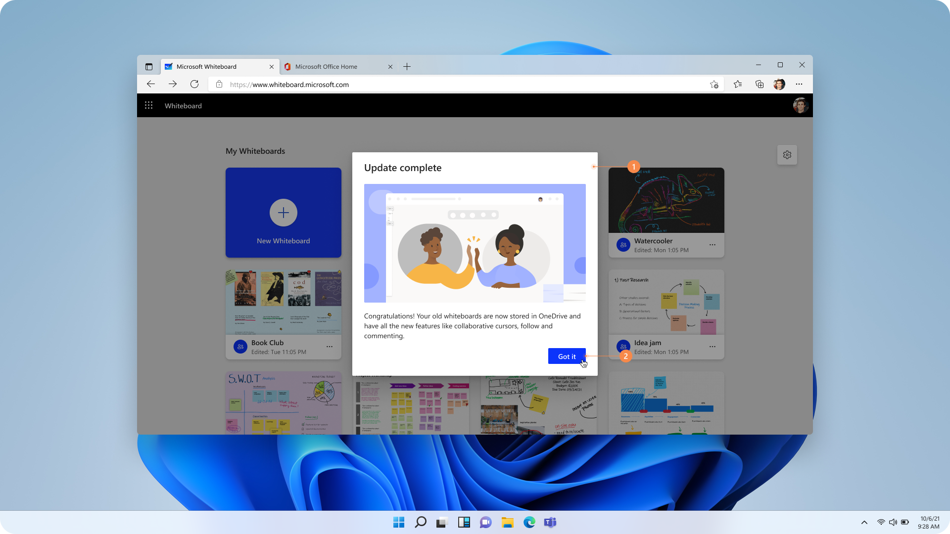 Screenshot of the My Whiteboards gallery showing that migration finished for all Azure whiteboards.