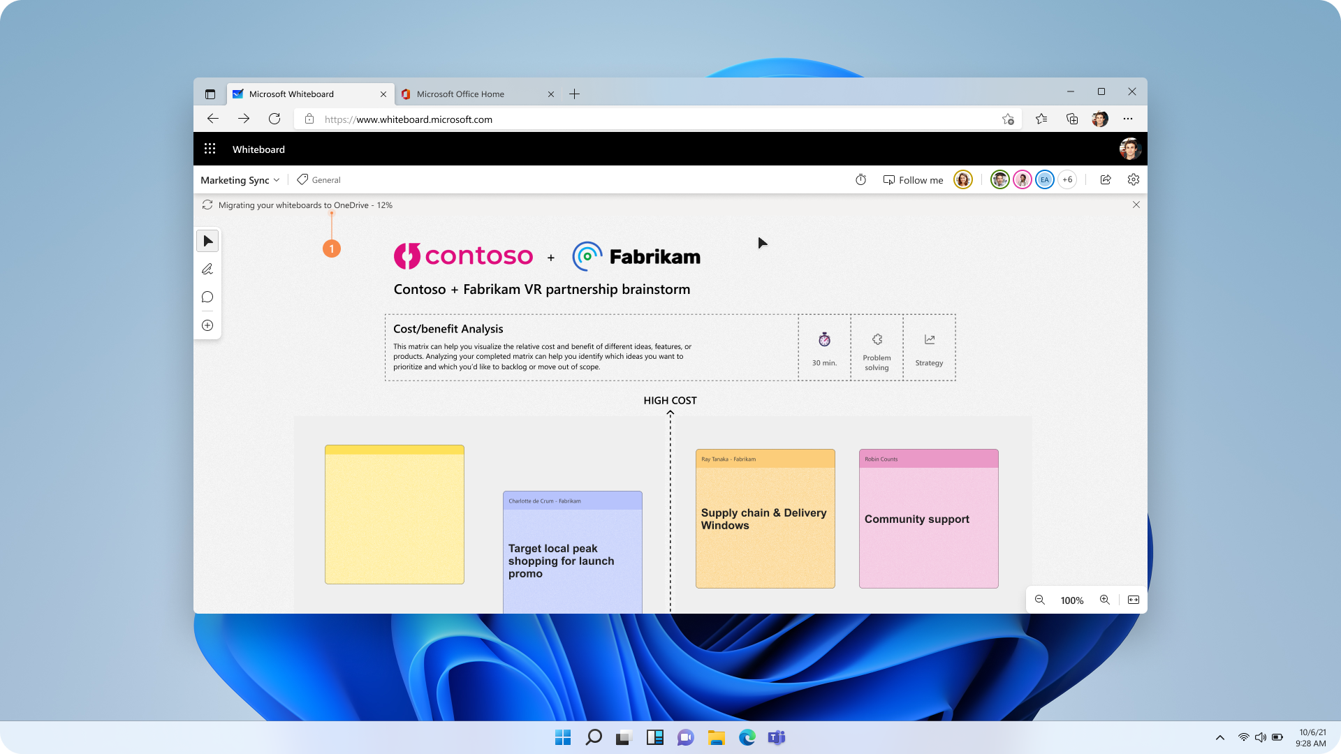 Screenshot of an open whiteboard with a migration progress message at the top of the canvas.