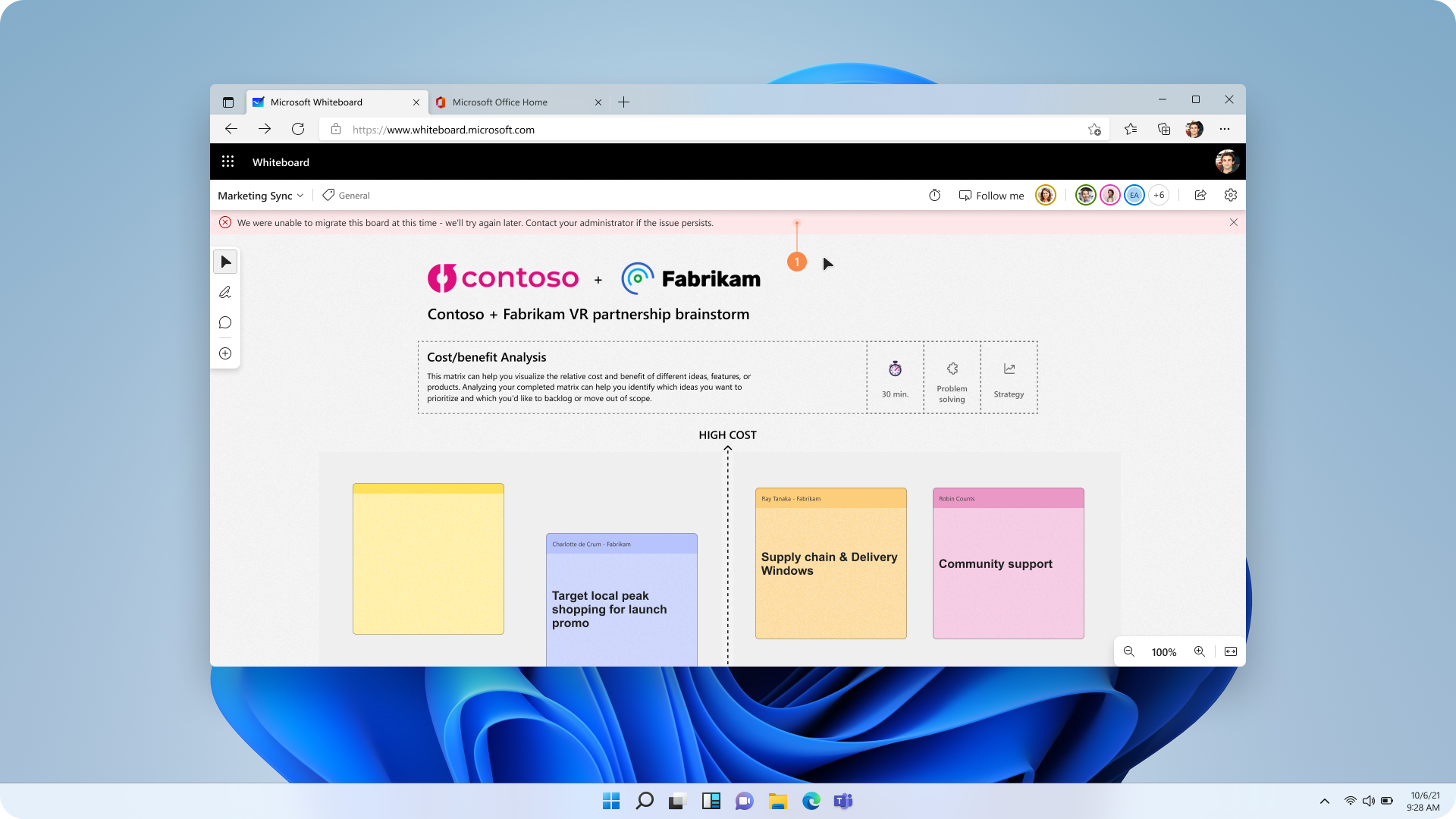Screenshot of an open whiteboard with an error message at the top explaining why a board couldn't be migrated.