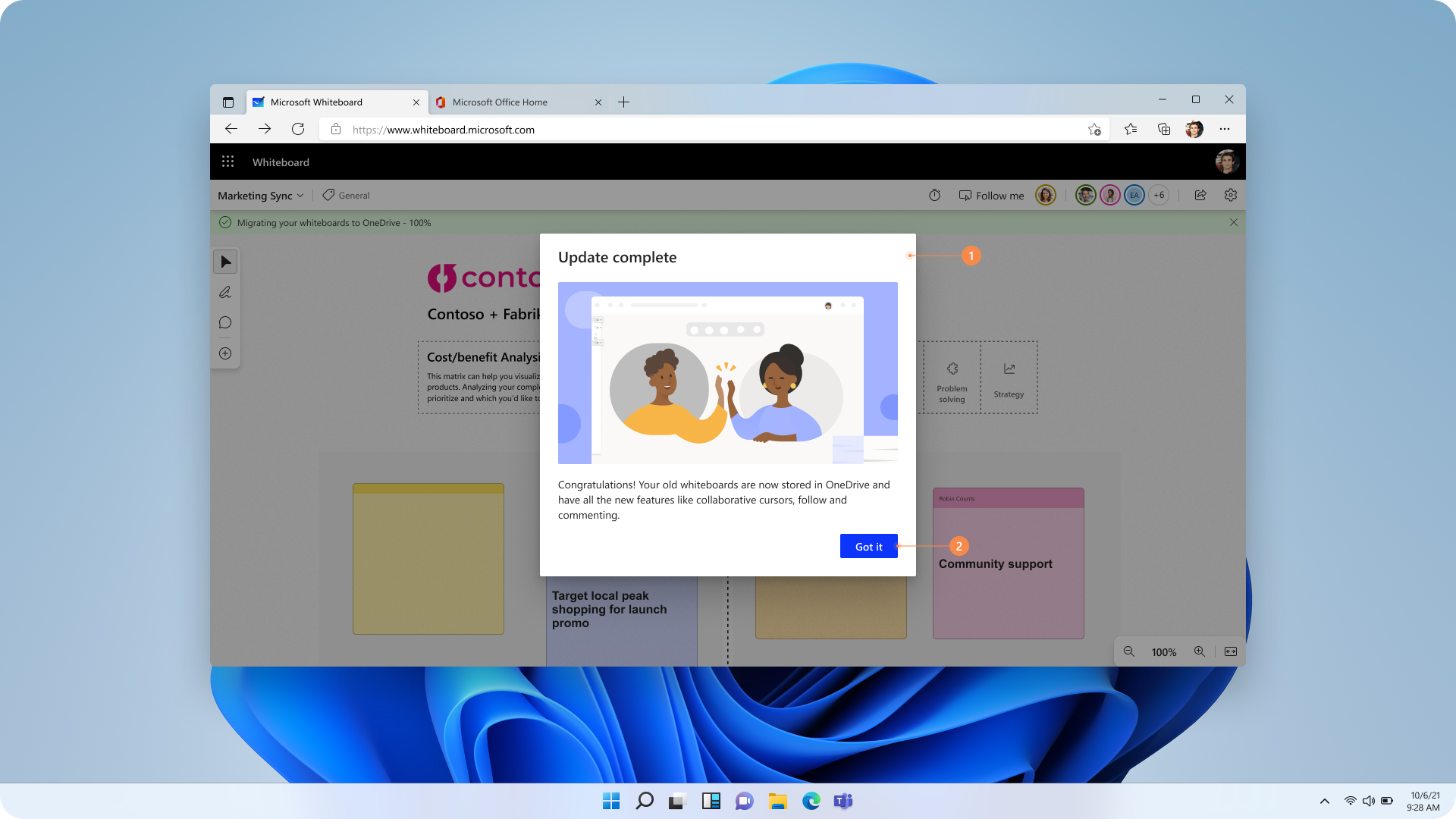 Screenshot of an open whiteboard canvas showing that migration finished for all Azure whiteboards.