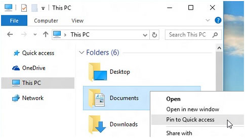 File Explorer context menu for the Documents folder with Pin to Quick access highlighted