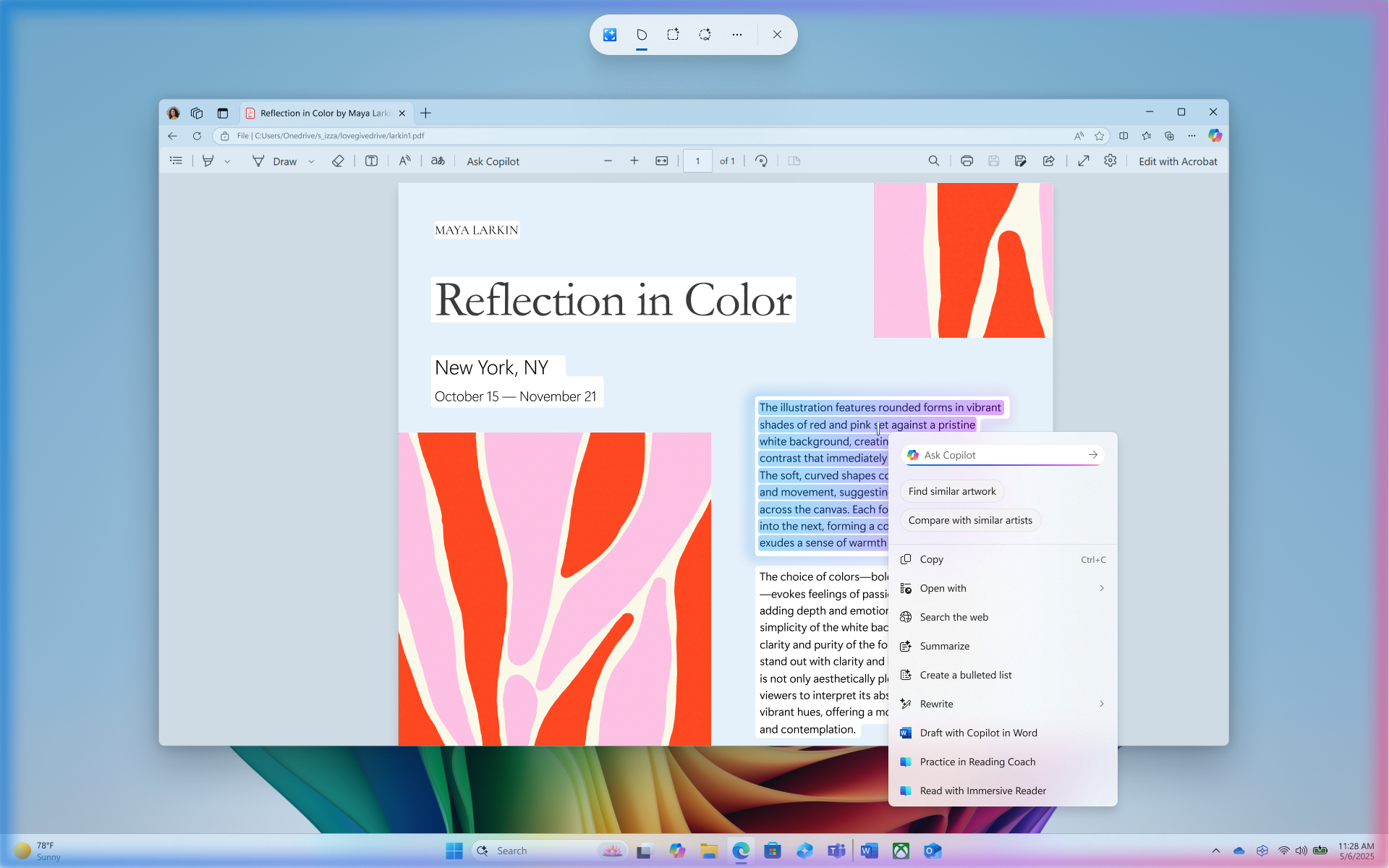 Click to Do has analyzed whats on screen and the user has chosen the text to take action on.