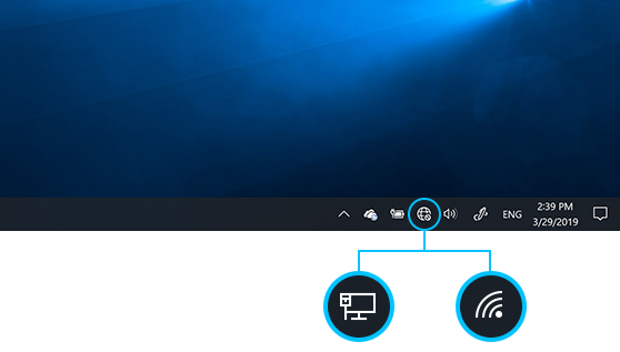 Windows 10 taskbar with the Network icon highlighted and callouts identifying Ethernet and Wi-Fi status icons