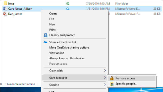 File Explorer context menu with Give access to expanded and Remove access selected