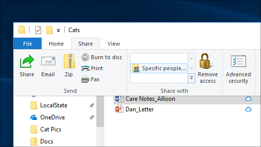 File Explorer Share tab with Specific people highlighted in the Share with section