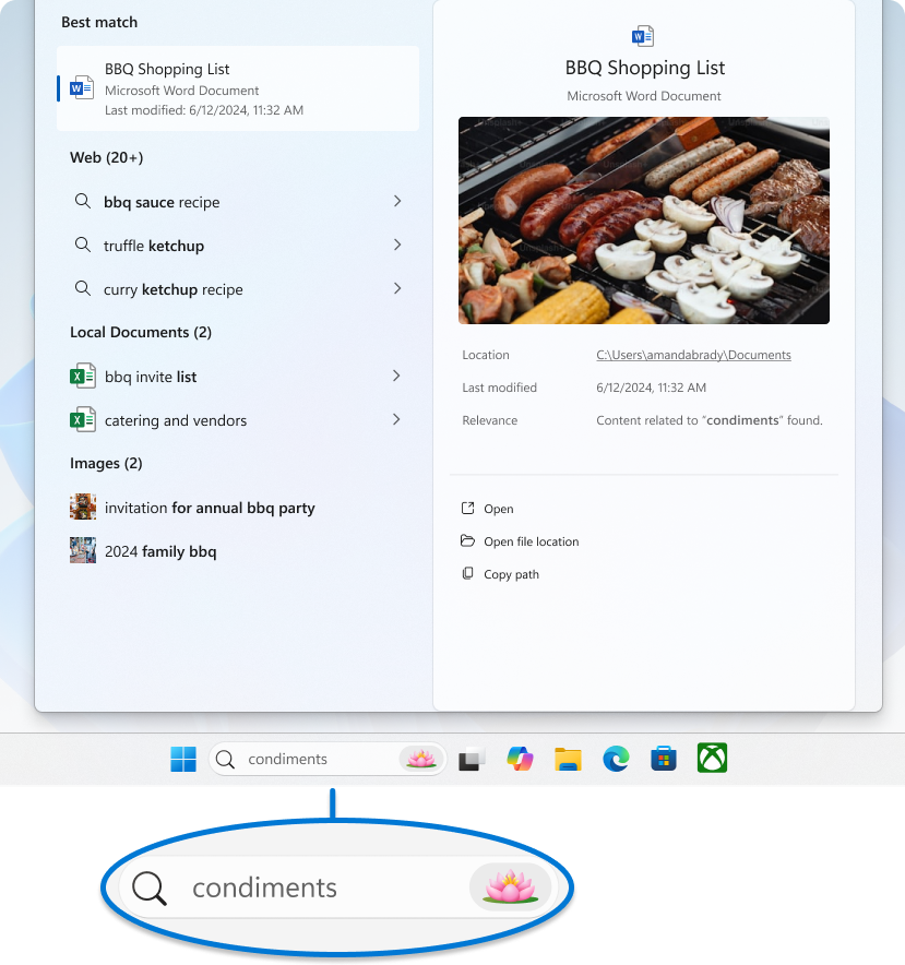 Screenshot of the search section on the taskbar.