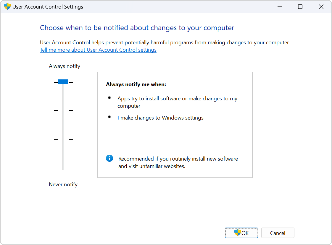 Screenshot of the settings to configure UAC.