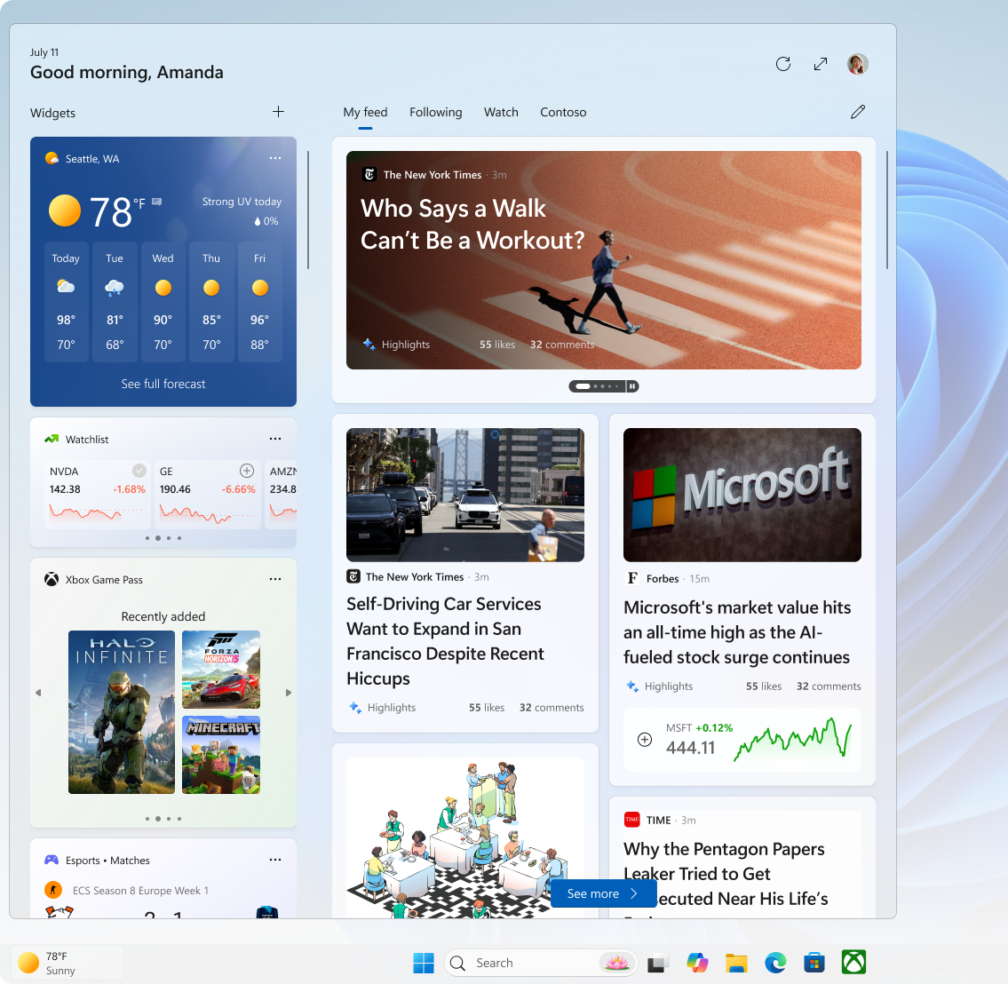 Screenshot of Widgets, with emphasis on the icon on the taskbar.