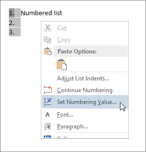 Set Numbering Value on the shortcut menu