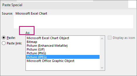 Top part of Paste Special dialog box